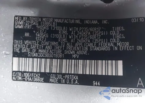 2011 Toyota Sienna Le V6 z USA, uszkodzony, nr VIN 5TDKK3DC9BS019381